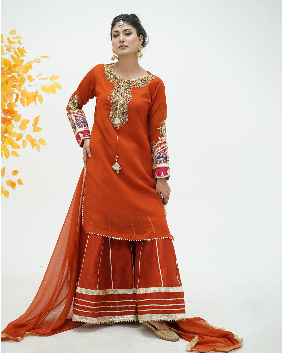 Embroidered Orange Chiffon Dress with Kataan Bottom