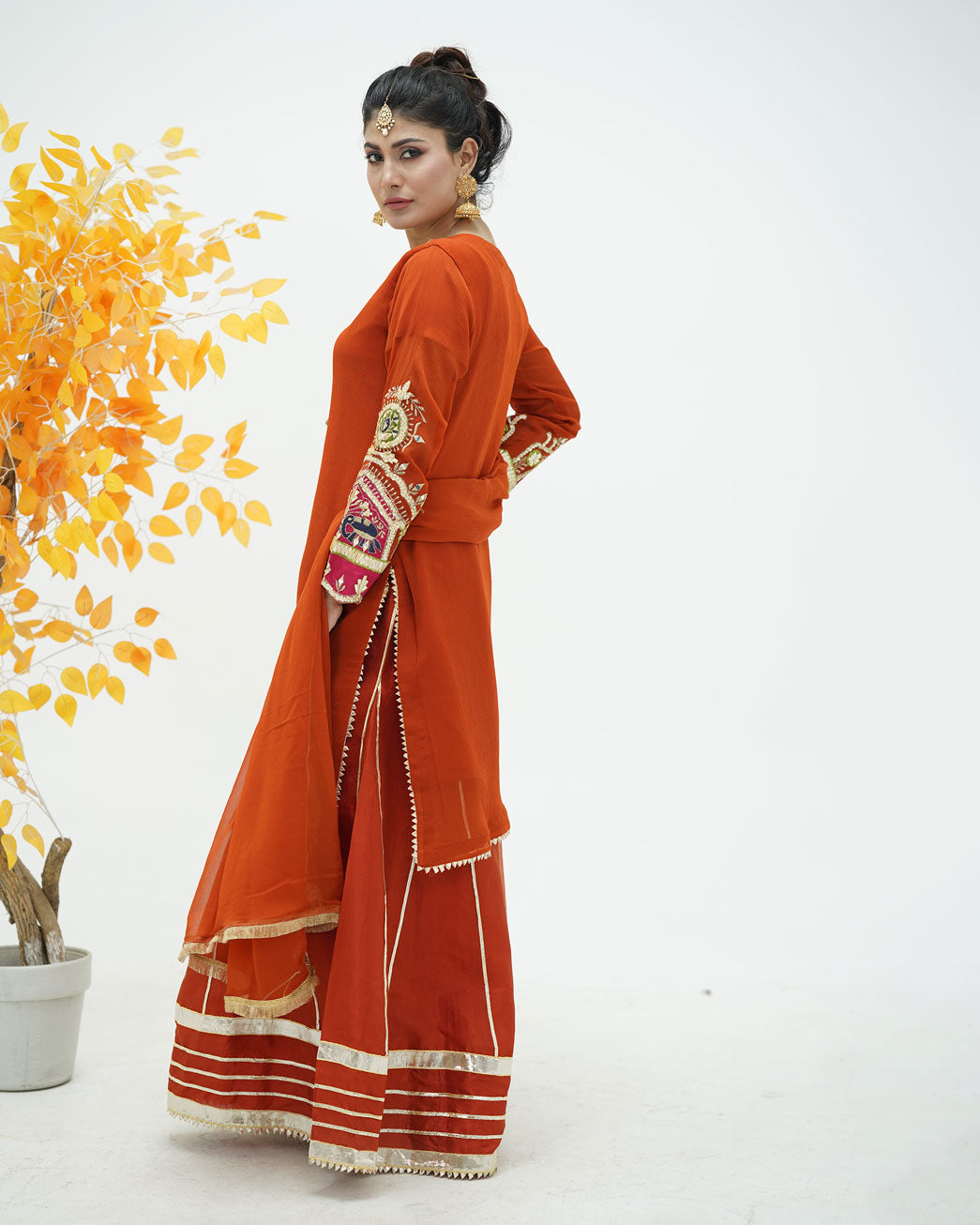 Embroidered Orange Chiffon Dress with Kataan Bottom