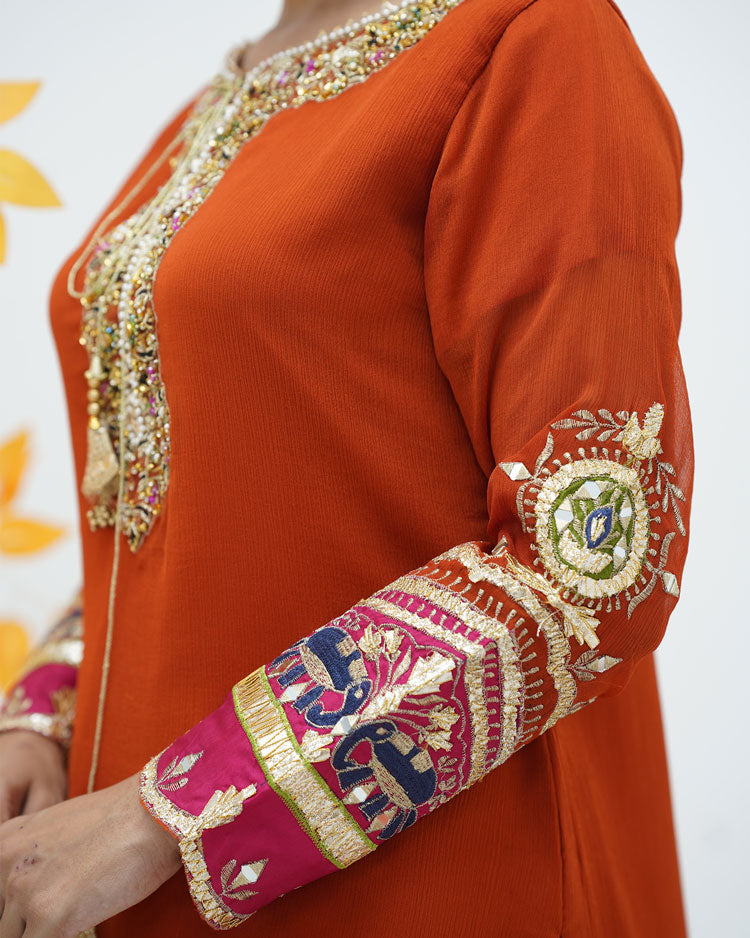 Embroidered Orange Chiffon Dress with Kataan Bottom