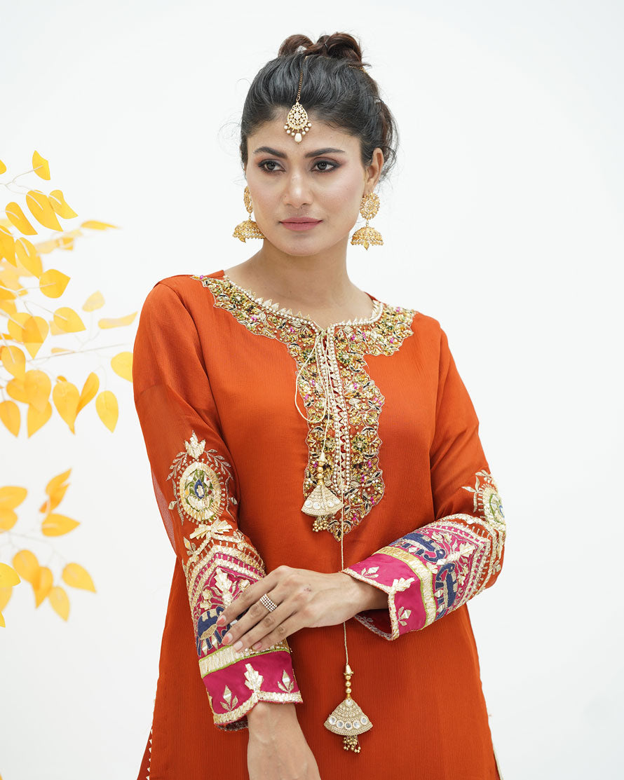 Embroidered Orange Chiffon Dress with Kataan Bottom