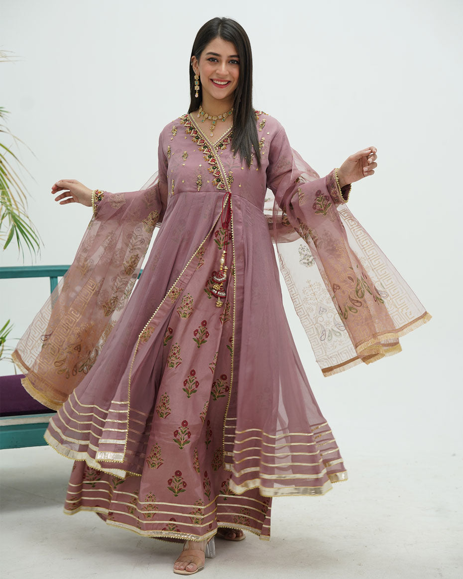 Plum Crinkle Chiffon Dress with Intricate Pearl Handwork