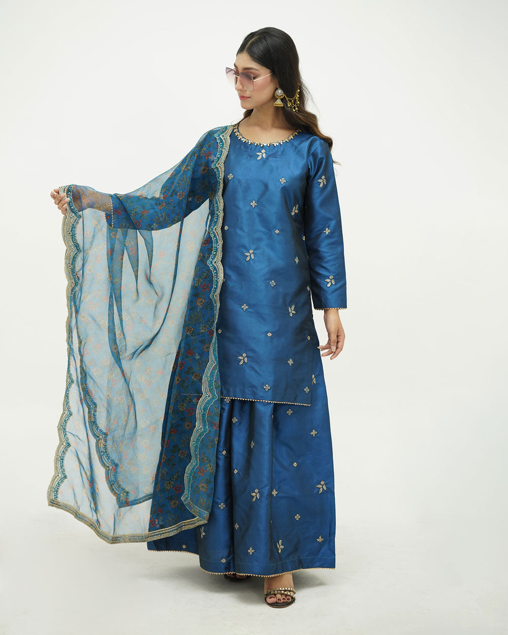 Sequin Embroidered Sapphire Silk Ensemble