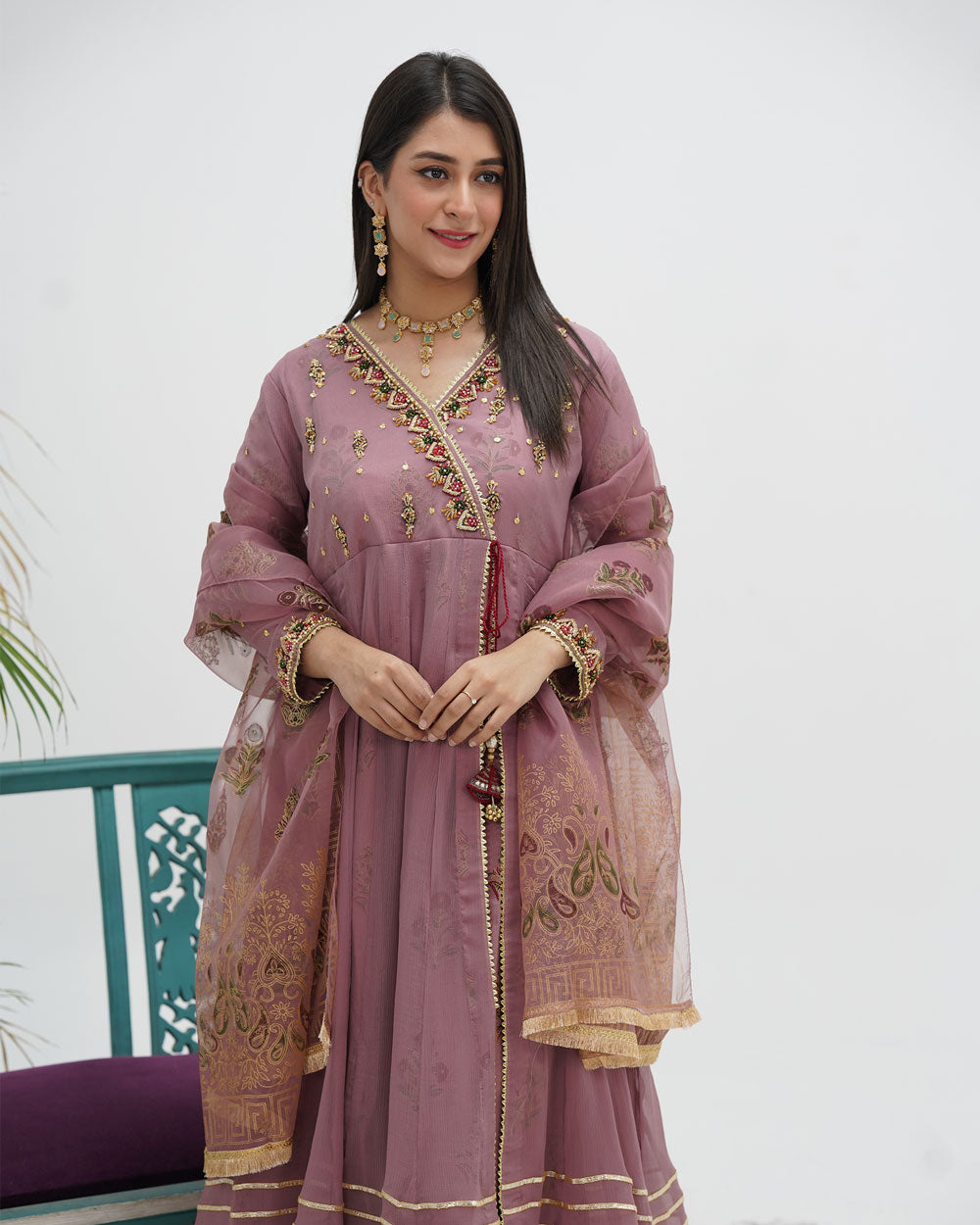 Plum Crinkle Chiffon Dress with Intricate Pearl Handwork