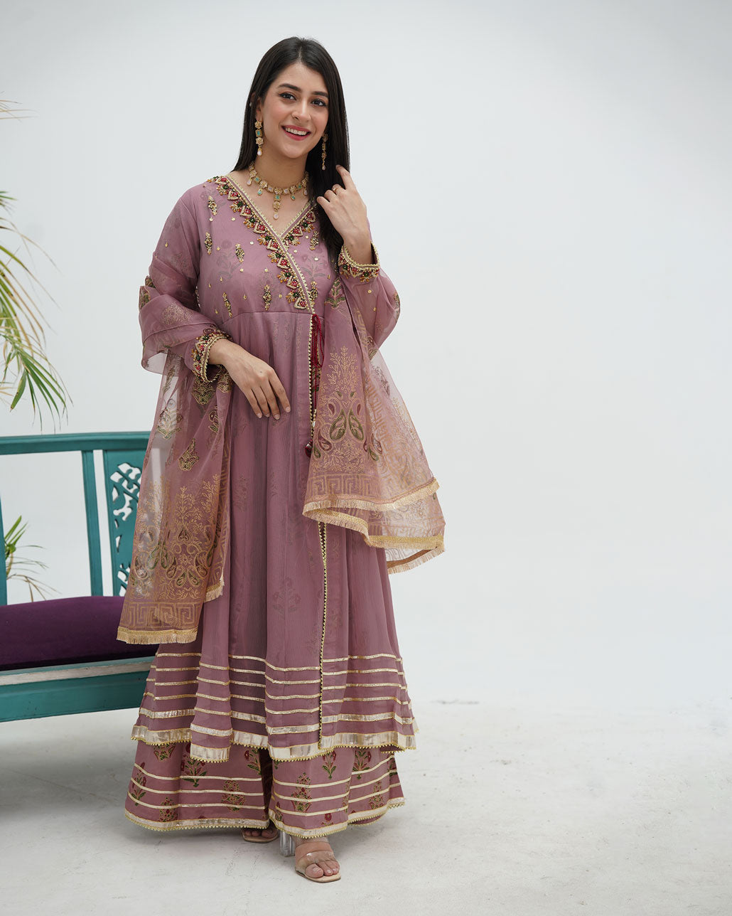 Plum Crinkle Chiffon Dress with Intricate Pearl Handwork