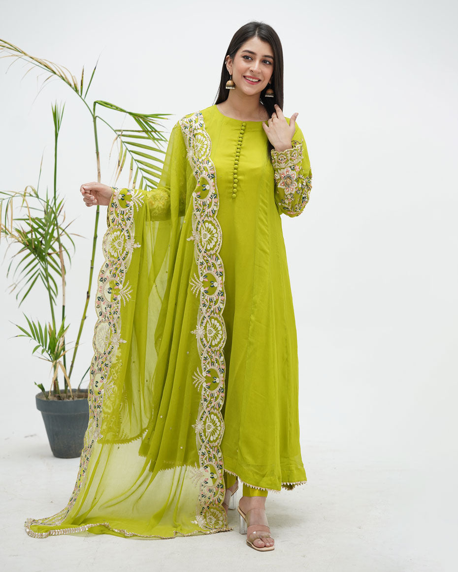 Lime Green Chiffon Suit with Embroidery