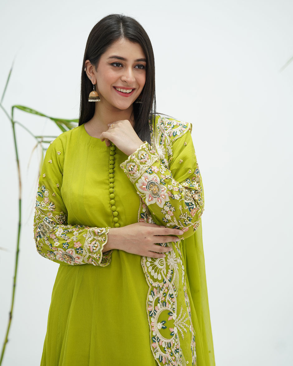 Lime Green Chiffon Suit with Embroidery