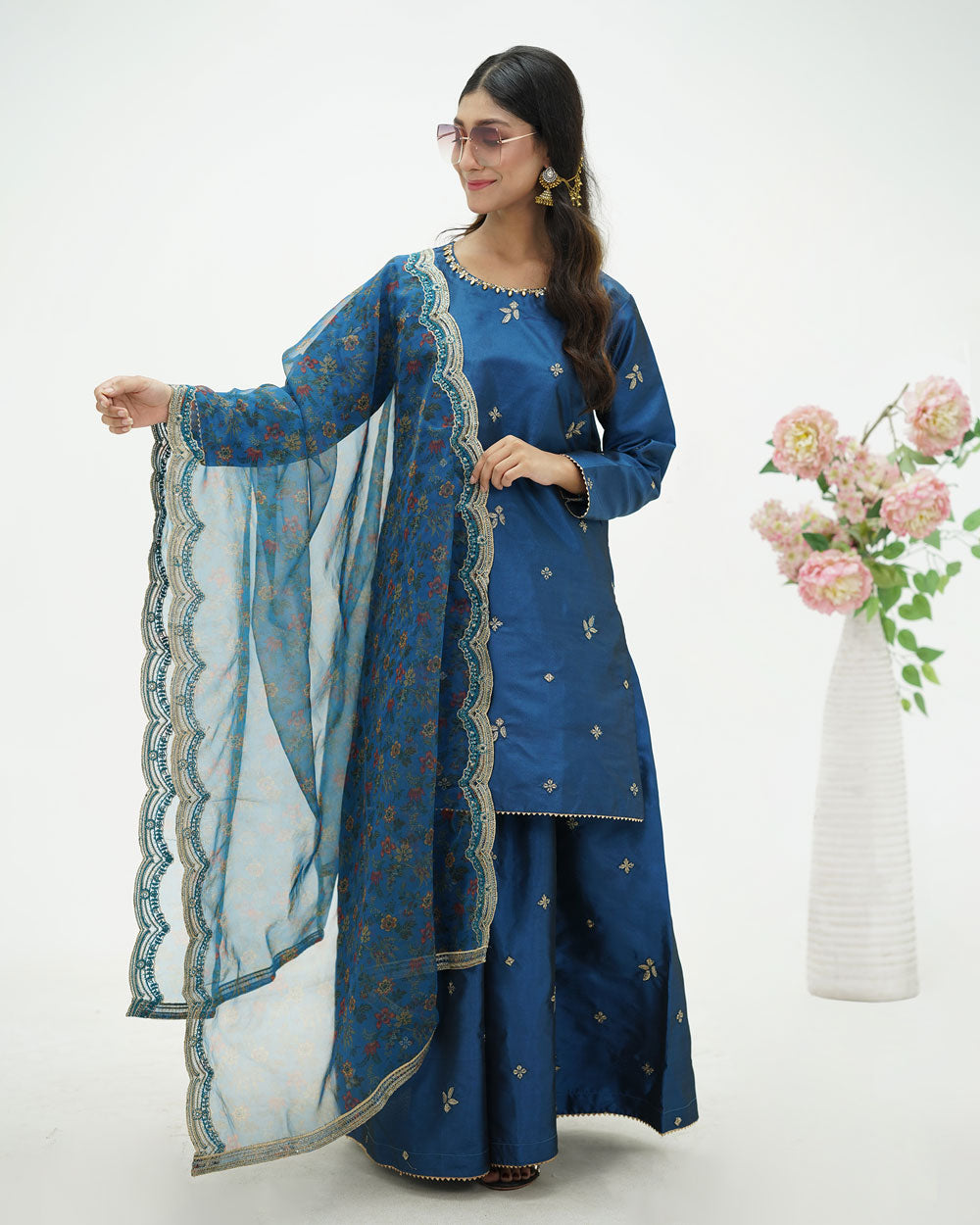 Sequin Embroidered Sapphire Silk Ensemble