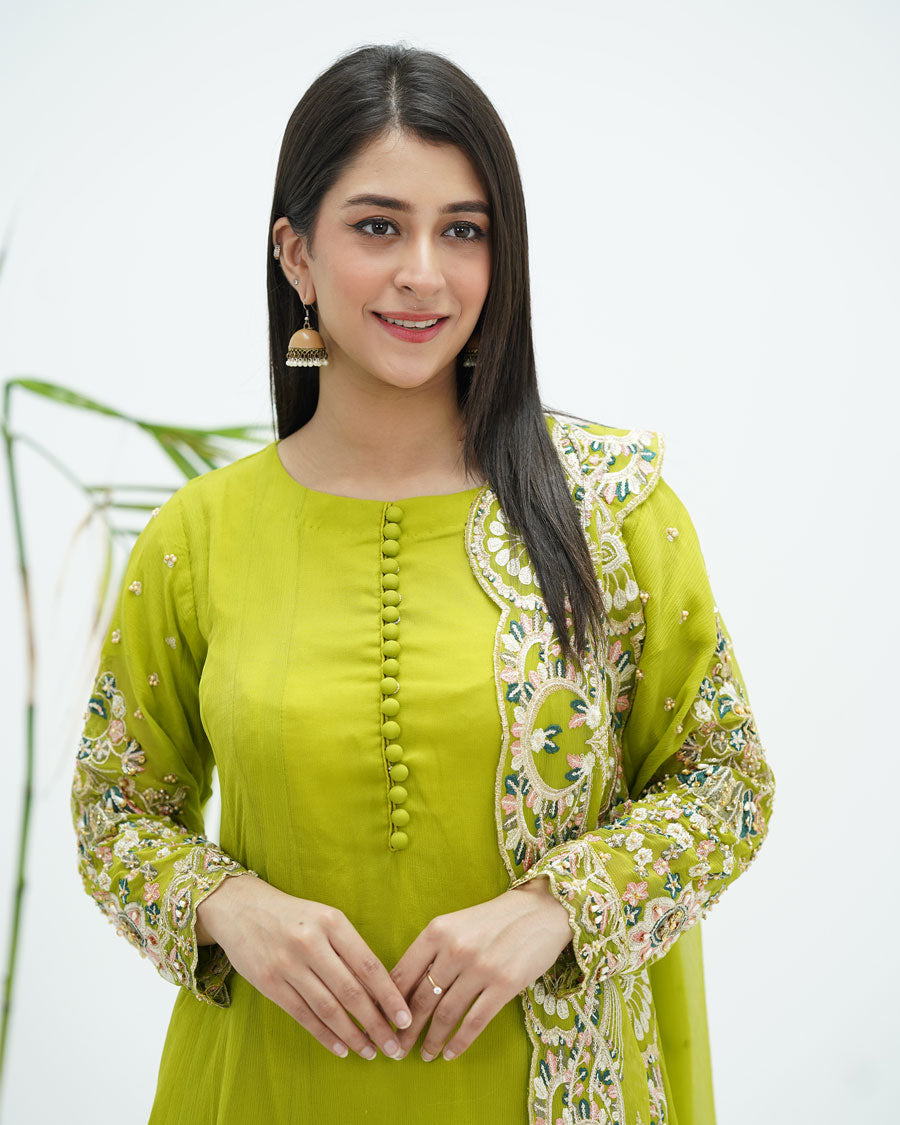 Lime Green Chiffon Suit with Embroidery