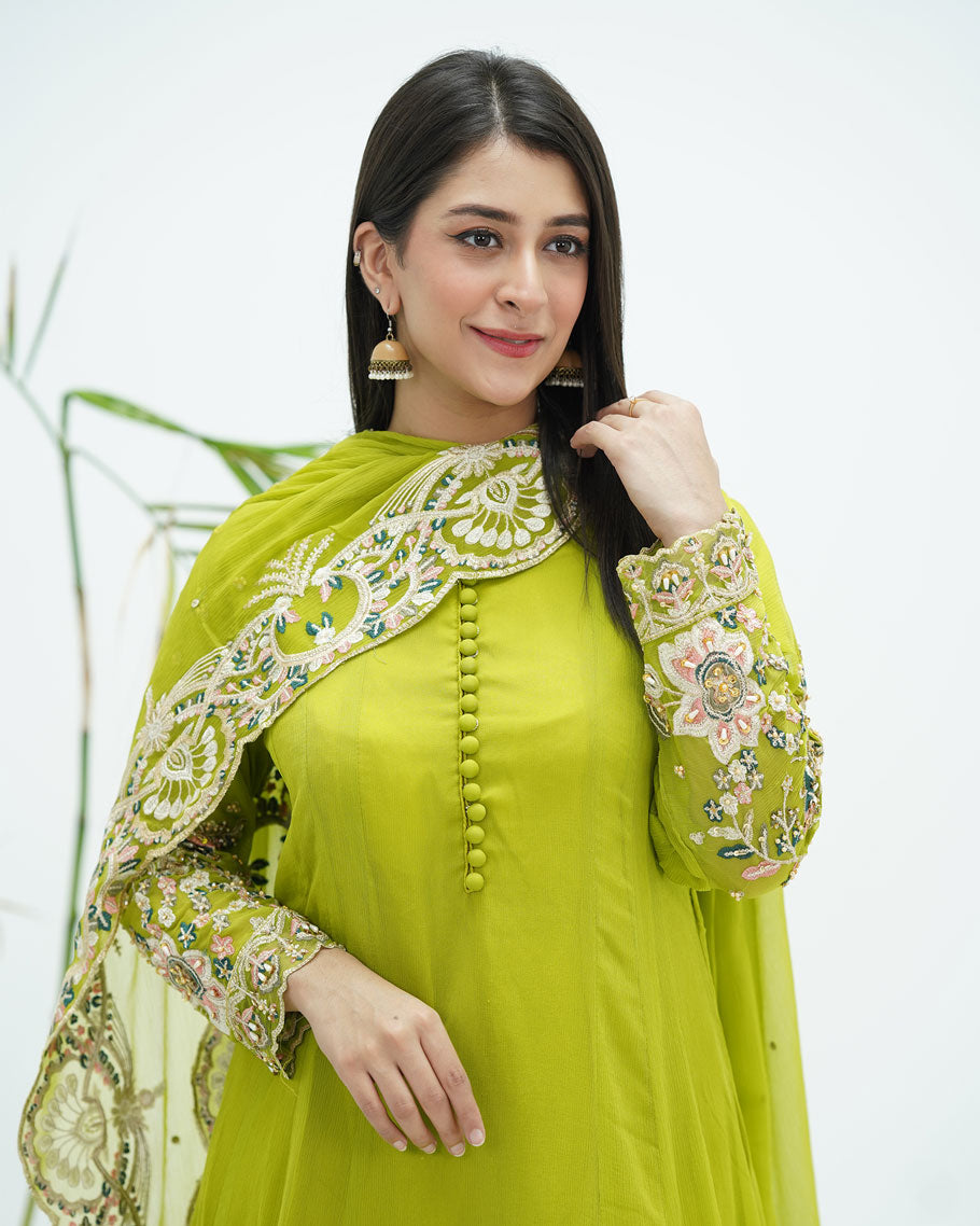 Lime Green Chiffon Suit with Embroidery