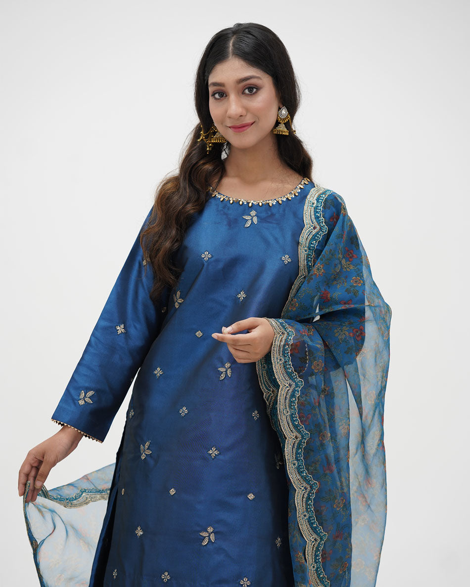 Sequin Embroidered Sapphire Silk Ensemble