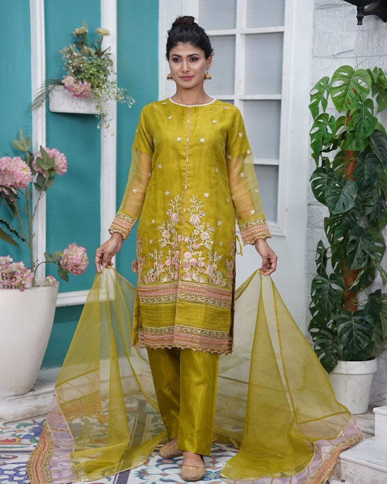 Exquisite Katan Silk Ensemble with Embroidered Elegance