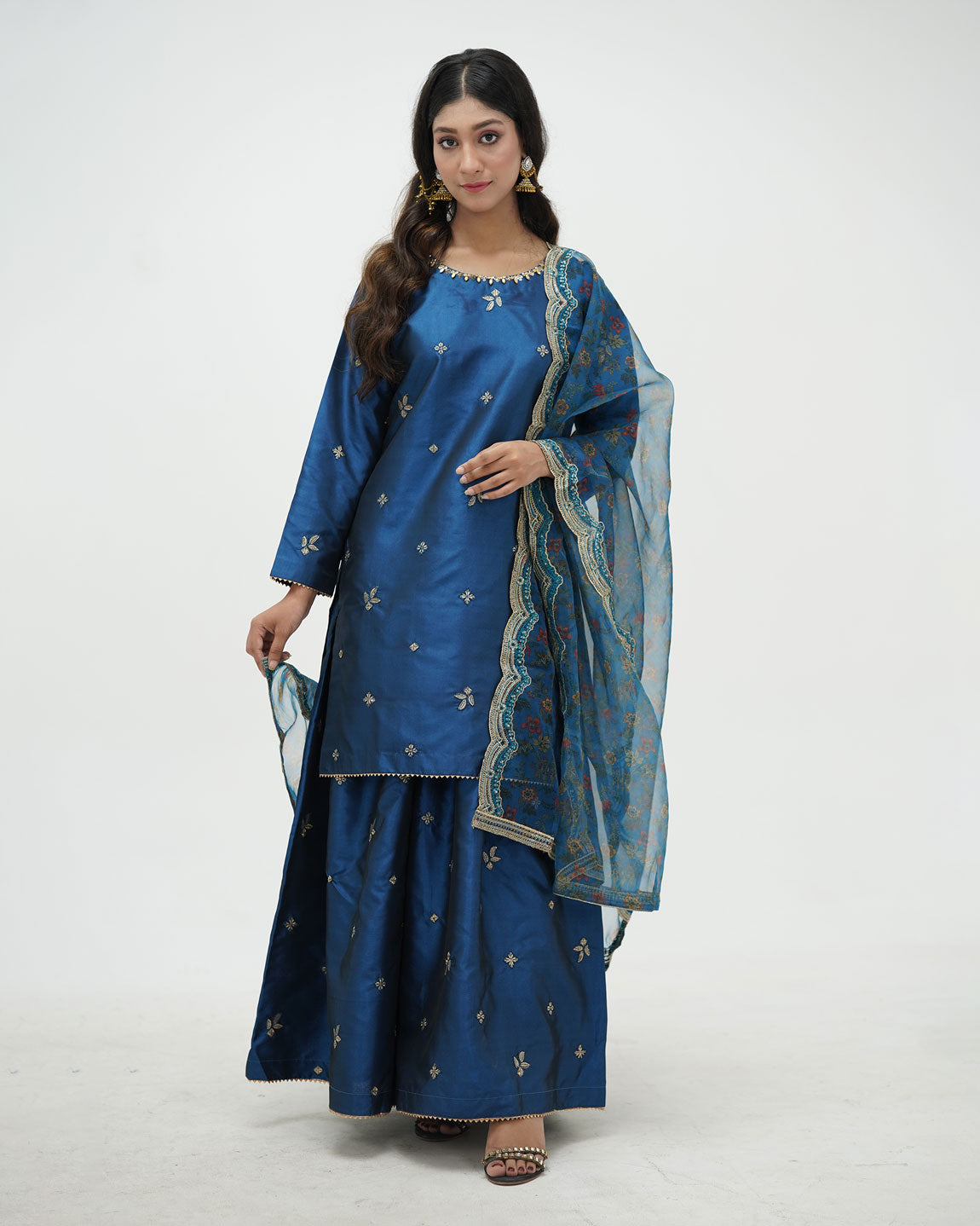 Sequin Embroidered Sapphire Silk Ensemble