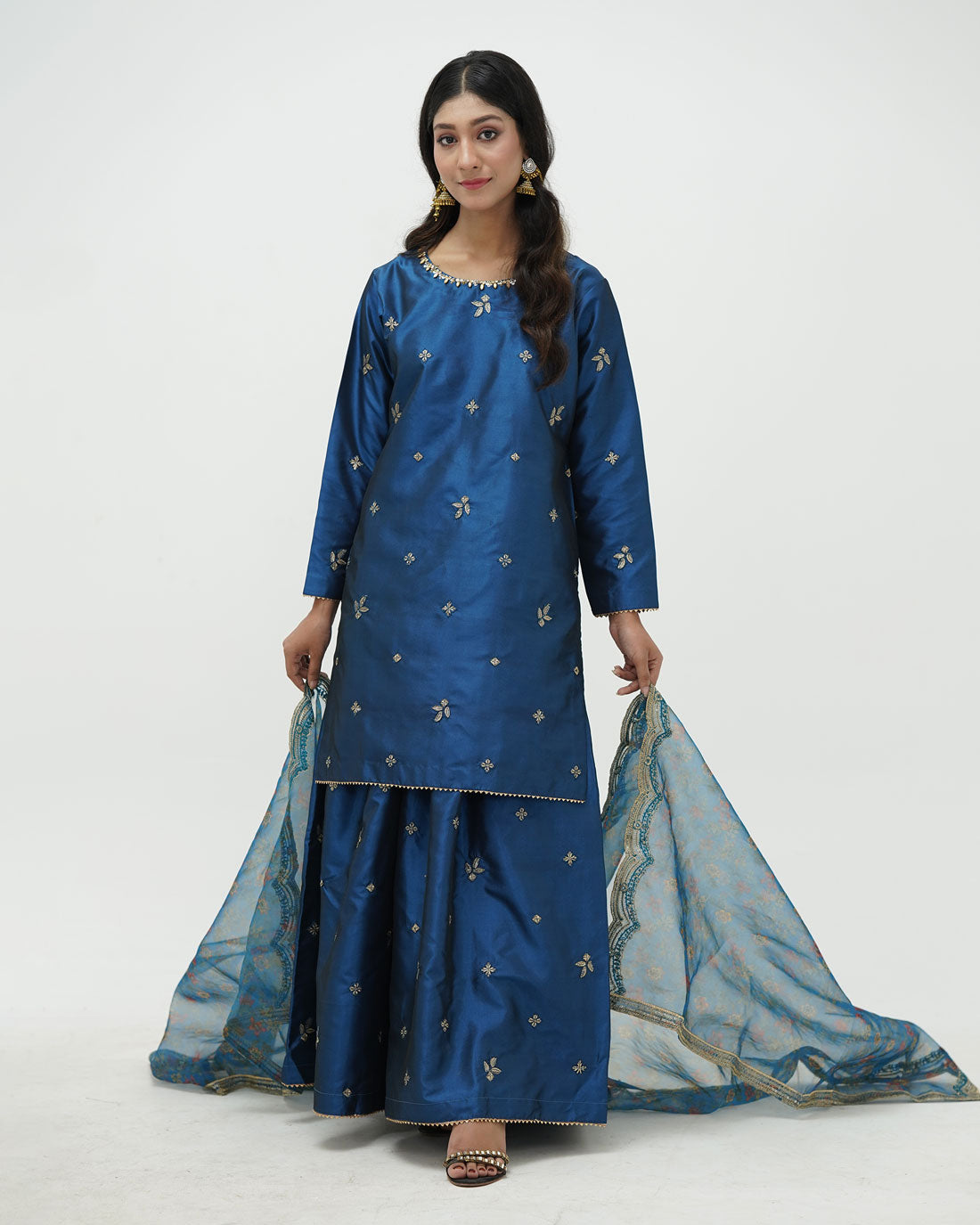 Sequin Embroidered Sapphire Silk Ensemble