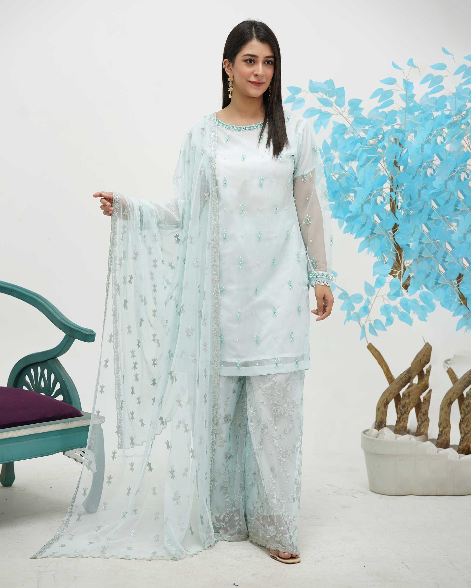 Embroidered Oceanic Chiffon Dress