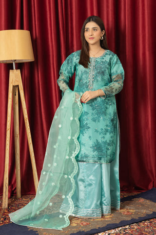 Skyblue Organza Dress With Handwork Dupatta and Sharara