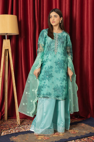 Skyblue Organza Dress With Handwork Dupatta and Sharara