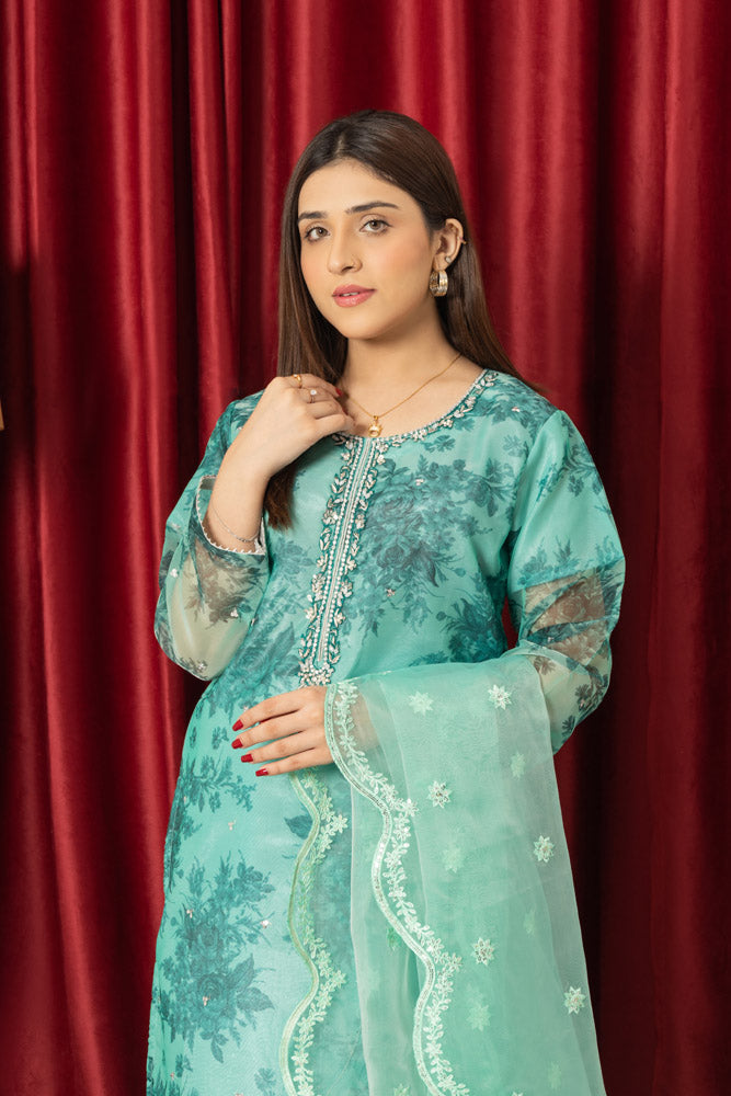 Skyblue Organza Dress With Handwork Dupatta and Sharara