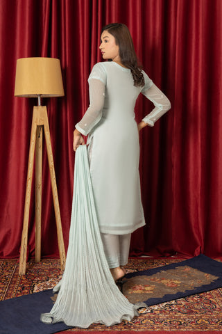 Embroided Chiffon Dress With Wrinkled Trouser