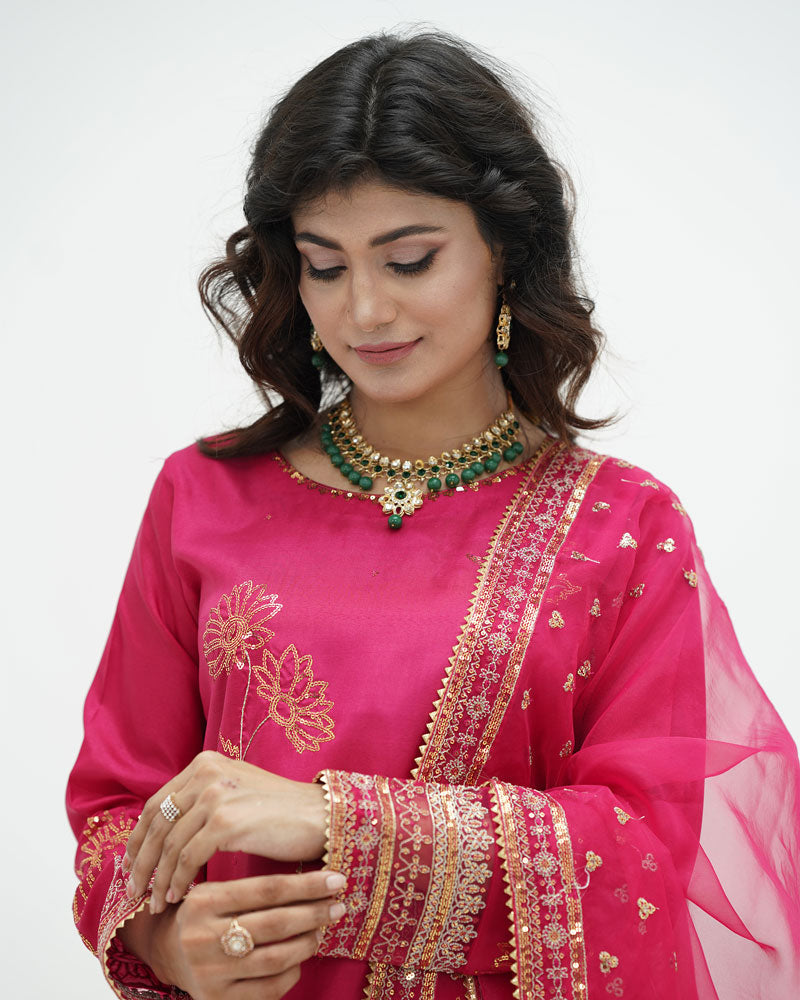 Radiant Rose Sequin Embroidered Katan Silk Ensemble with Organza Dupatta