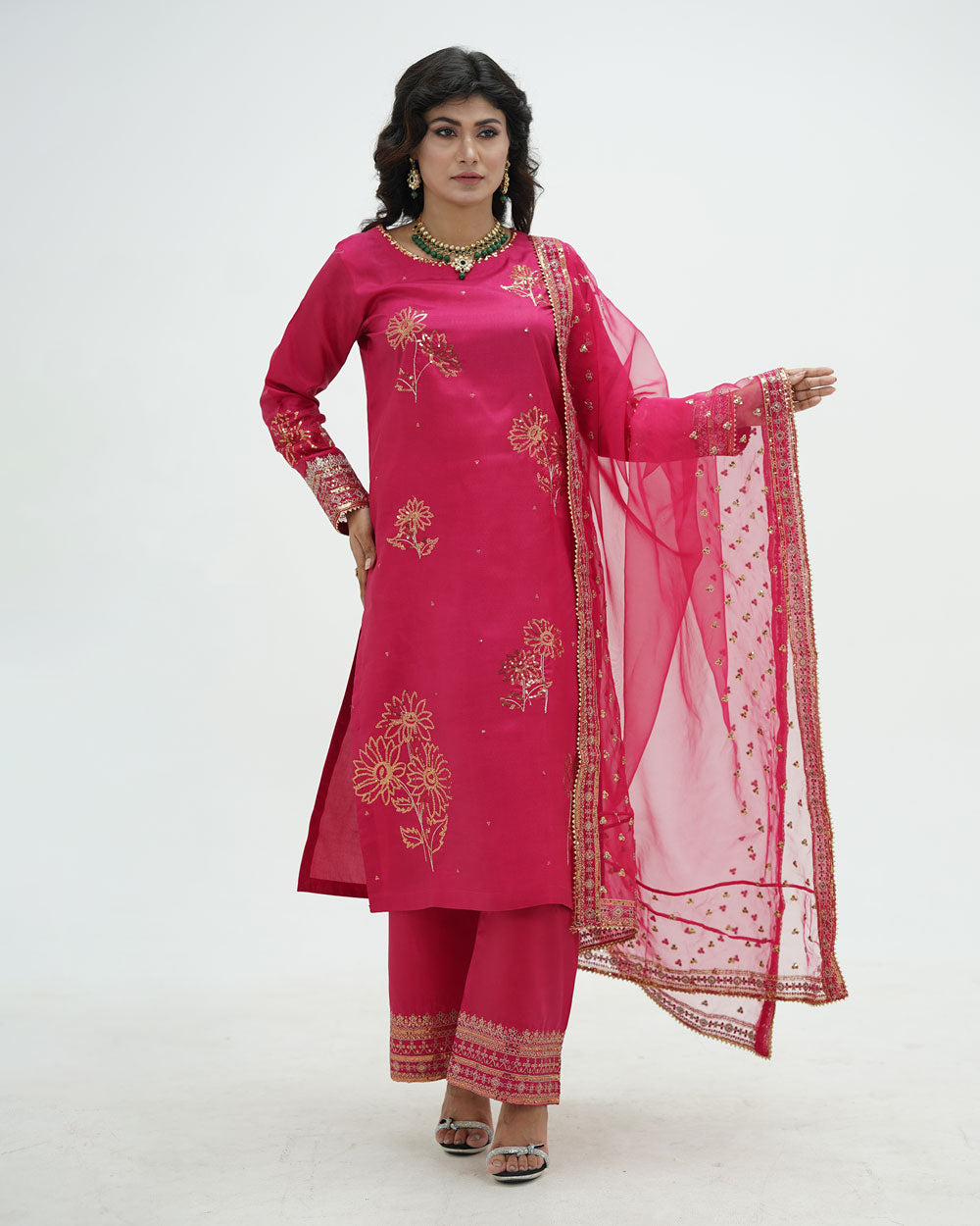 Radiant Rose Sequin Embroidered Katan Silk Ensemble with Organza Dupatta