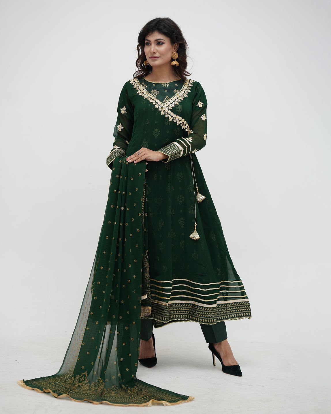 Royal Green Crinkle Chiffon & Printed Silk Shirt