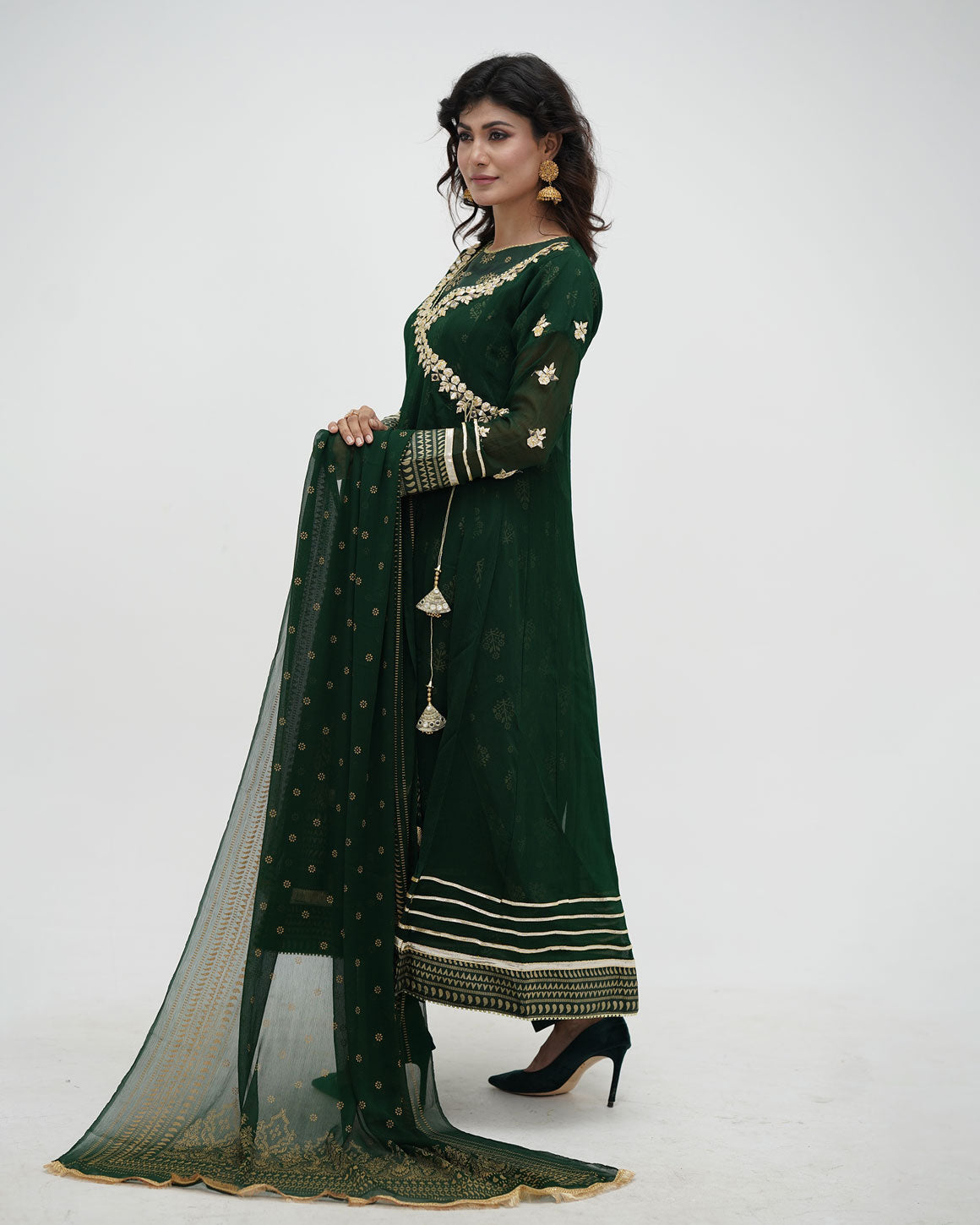 Royal Green Crinkle Chiffon & Printed Silk Shirt