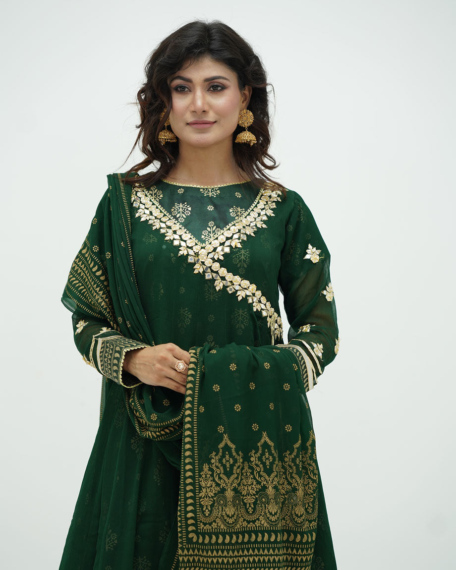 Royal Green Crinkle Chiffon & Printed Silk Shirt