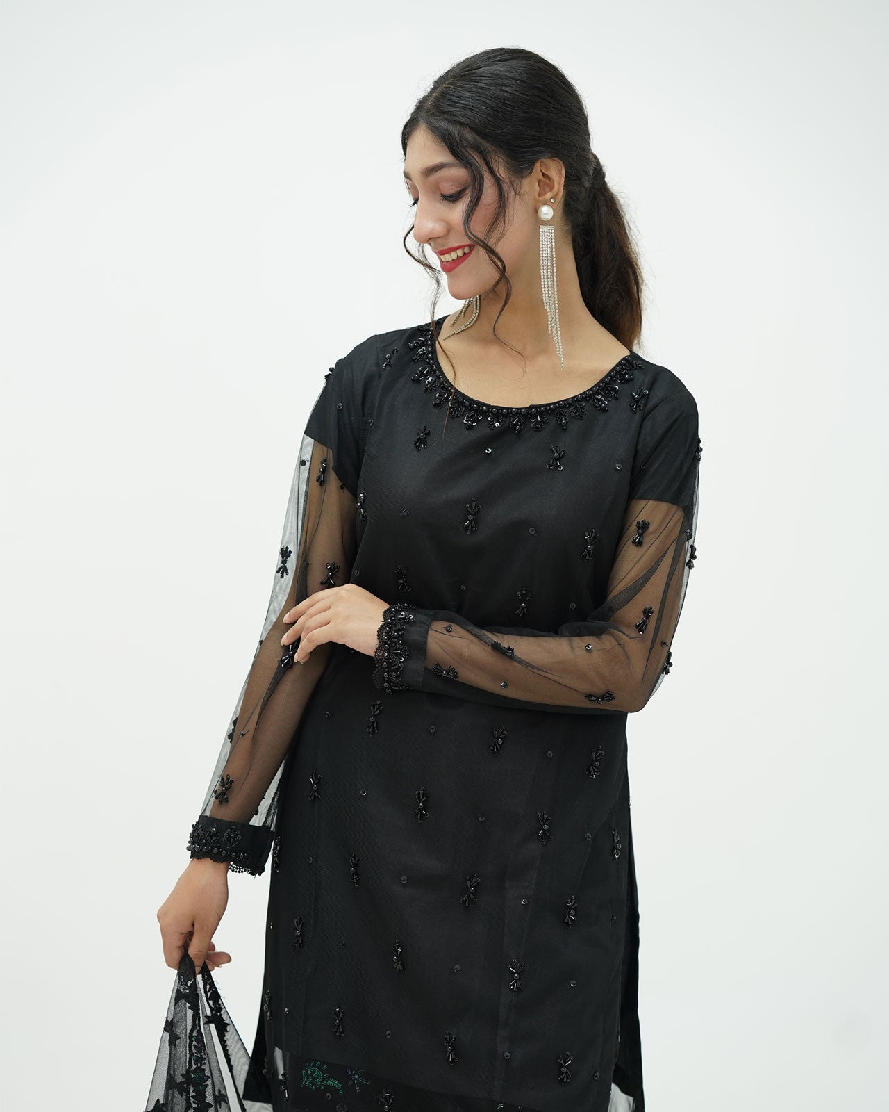 Black Embroidered Chiffon Dress with Kataan Bottom