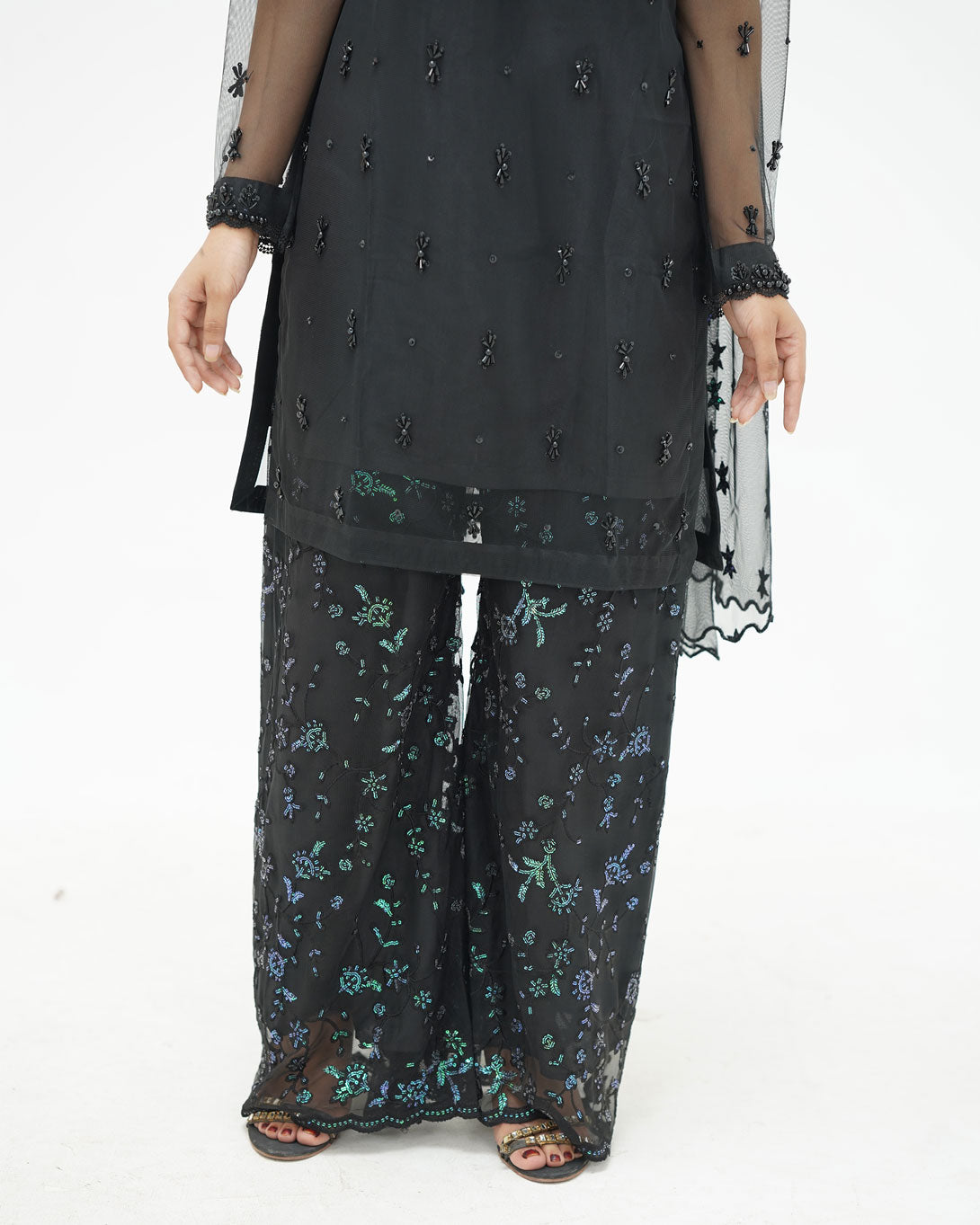 Black Embroidered Chiffon Dress with Kataan Bottom