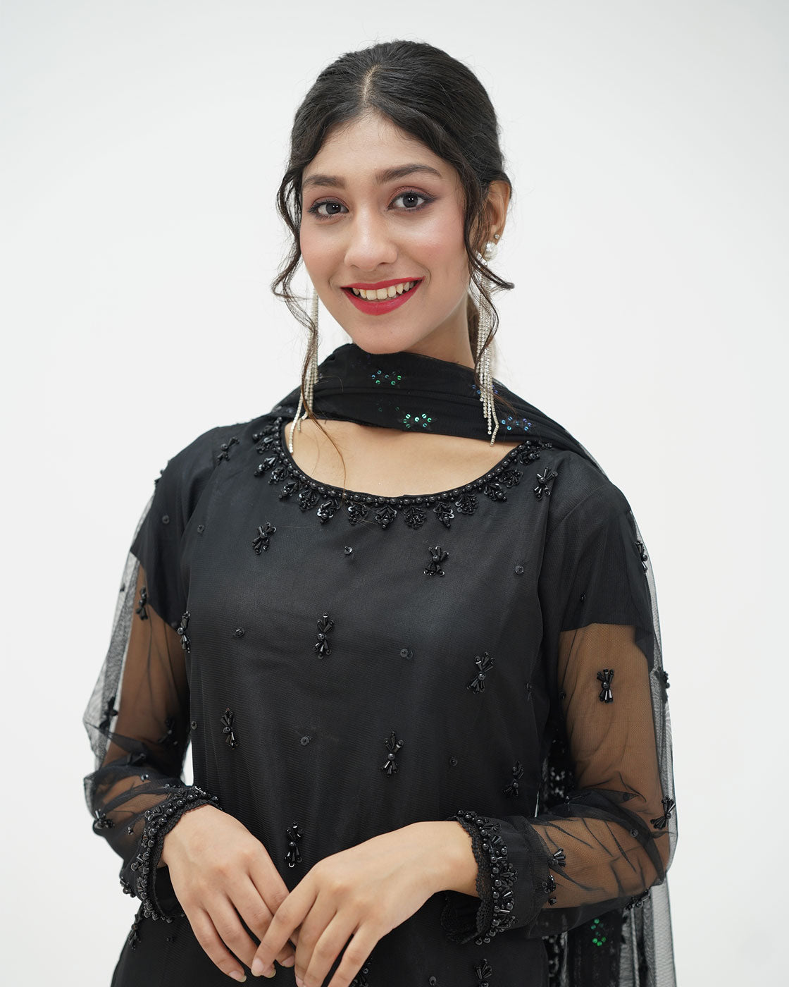 Black Embroidered Chiffon Dress with Kataan Bottom