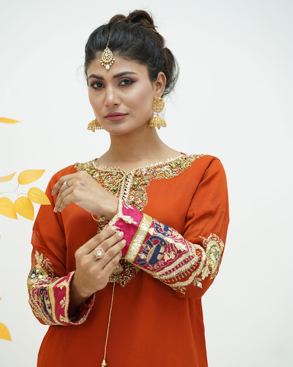 Embroidered Orange Chiffon Dress with Kataan Bottom